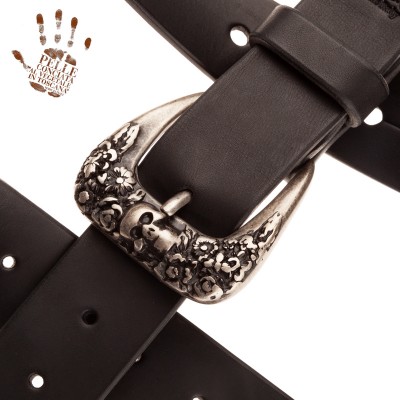BELT & STRAP cintura in Vera Pelle di toro Nero 4 cm, Fibbia Skull & Roses