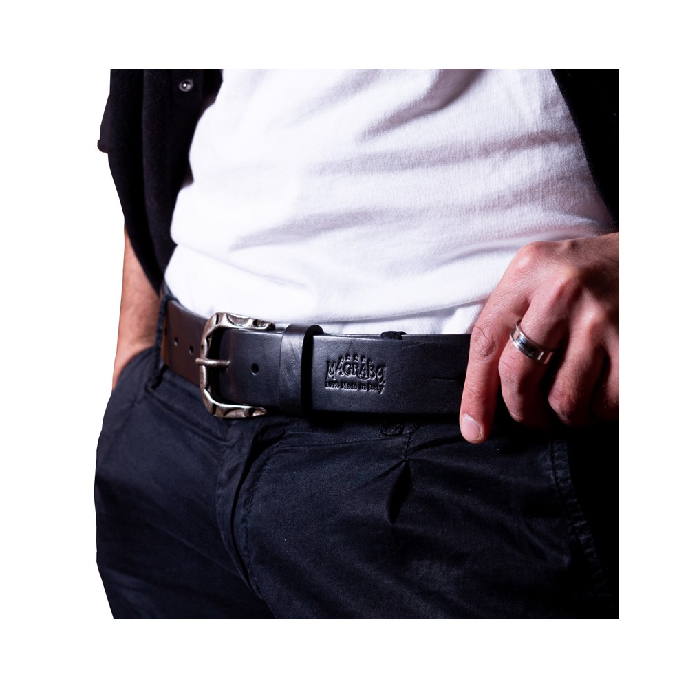 BELT & STRAP cintura in Vera Pelle di toro Nero 4 cm, fibbia Sun Argento